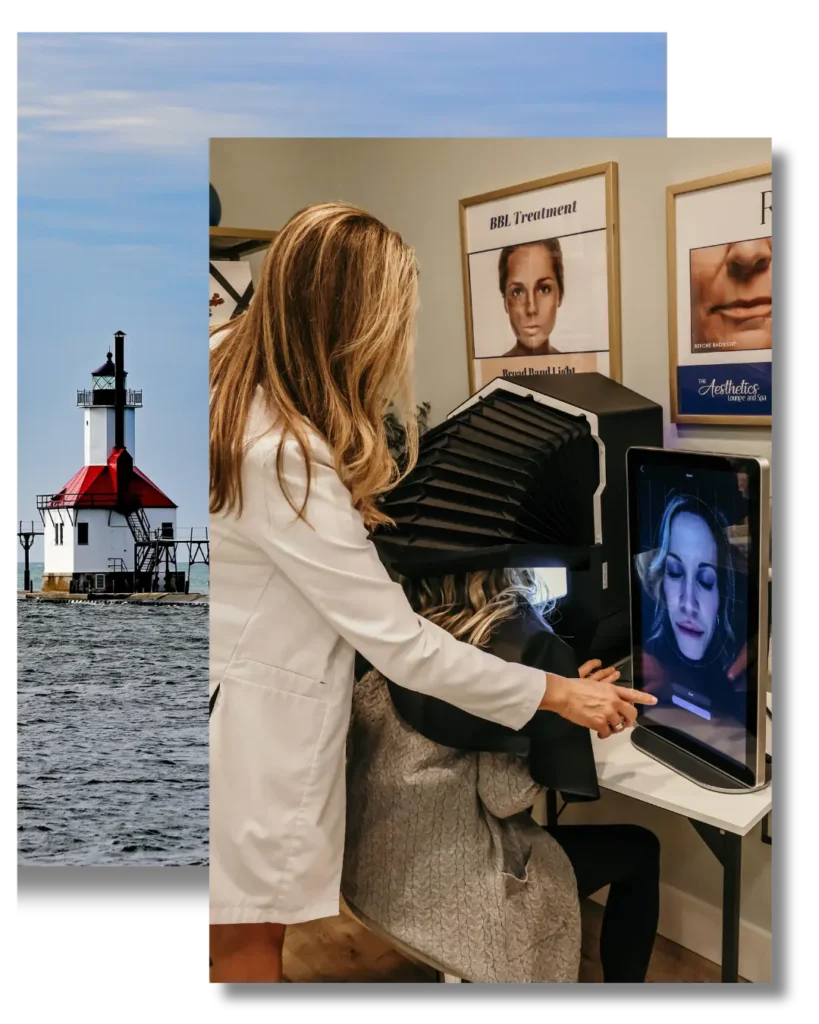 Contrast Between Natural Beauty (Lighthouse) And Professional Beauty Treatment (Skin Analysis)